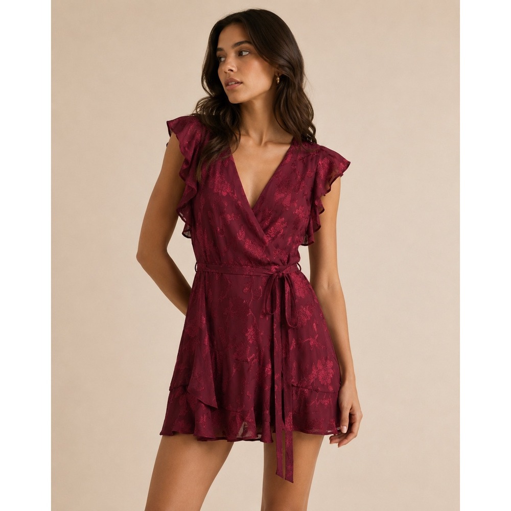 Altar'd State Cora Romper Burgundy Floral Burnout Wrap Ruffle Mini Dress Small